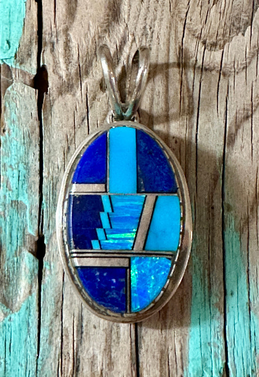 Navajo Lapis, Turquoise, Blue Opal Oval Pendant