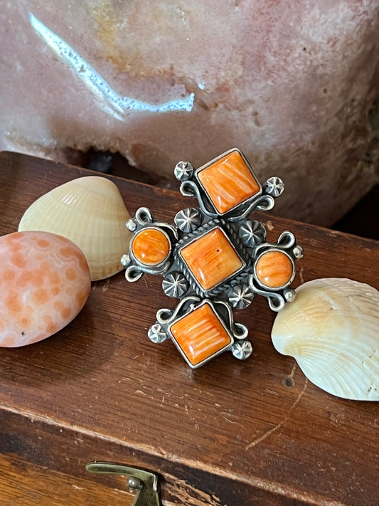 Apache Sterling Silver and Orange Spiny Oyster Shell Intuition Ring, Size 8