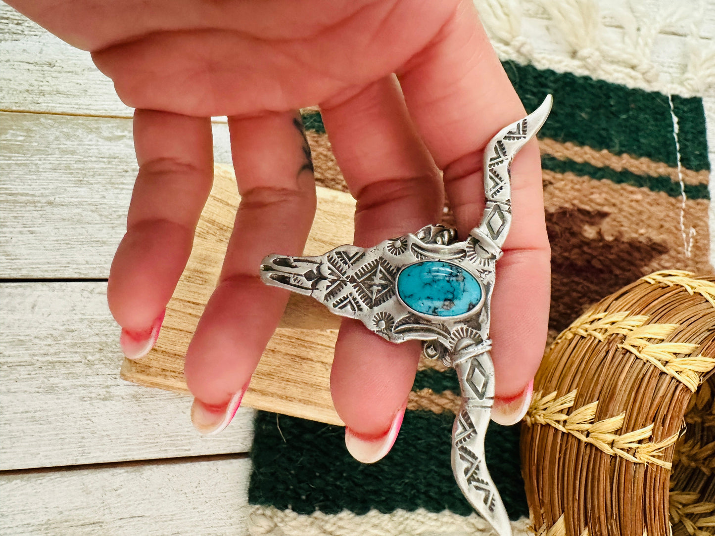 Navajo Sonoran Turquoise & Sterling Silver Bullhead Adjustable Ring