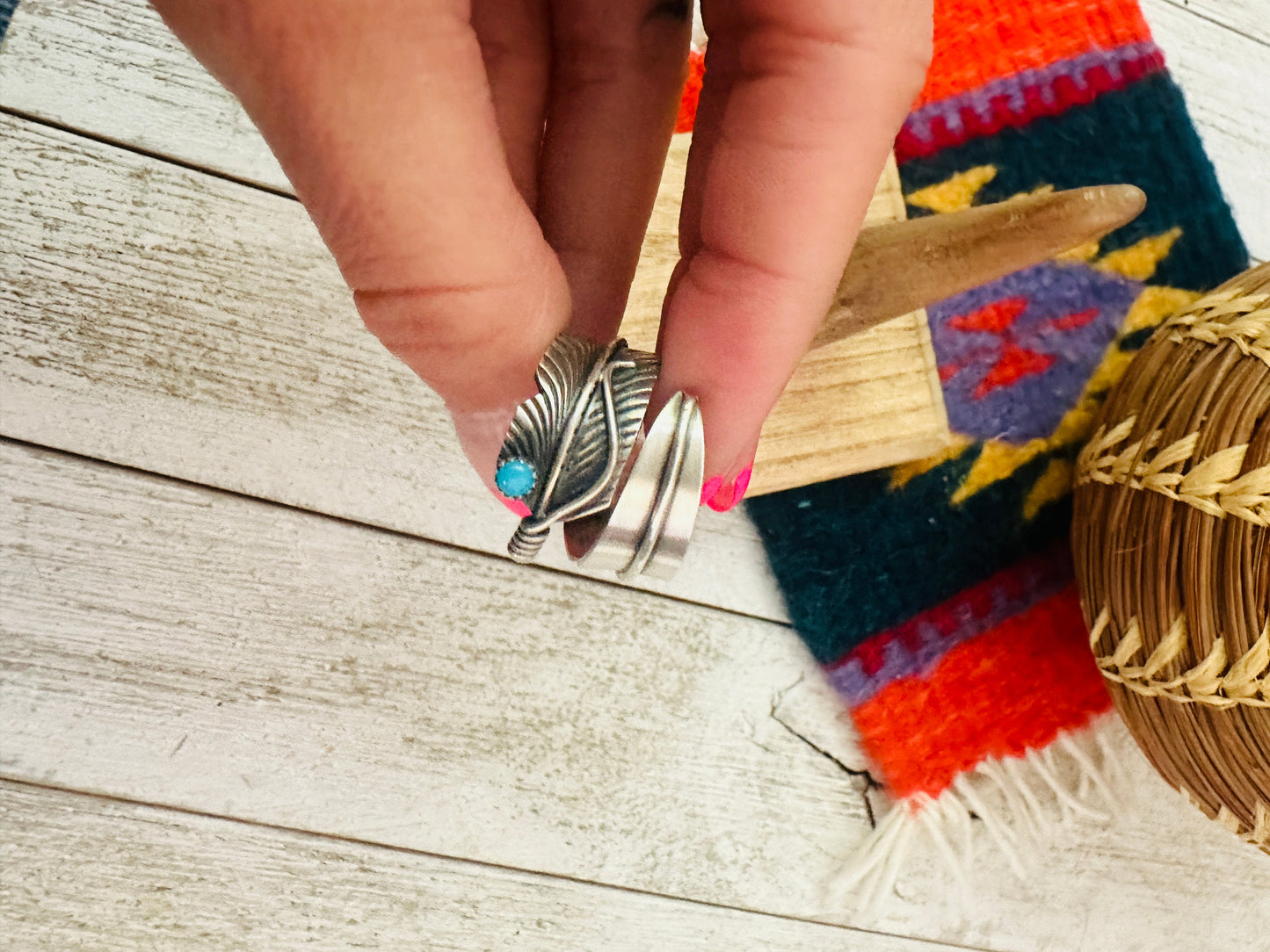 Navajo Sterling Silver & Turquoise Adjustable Feather Ring