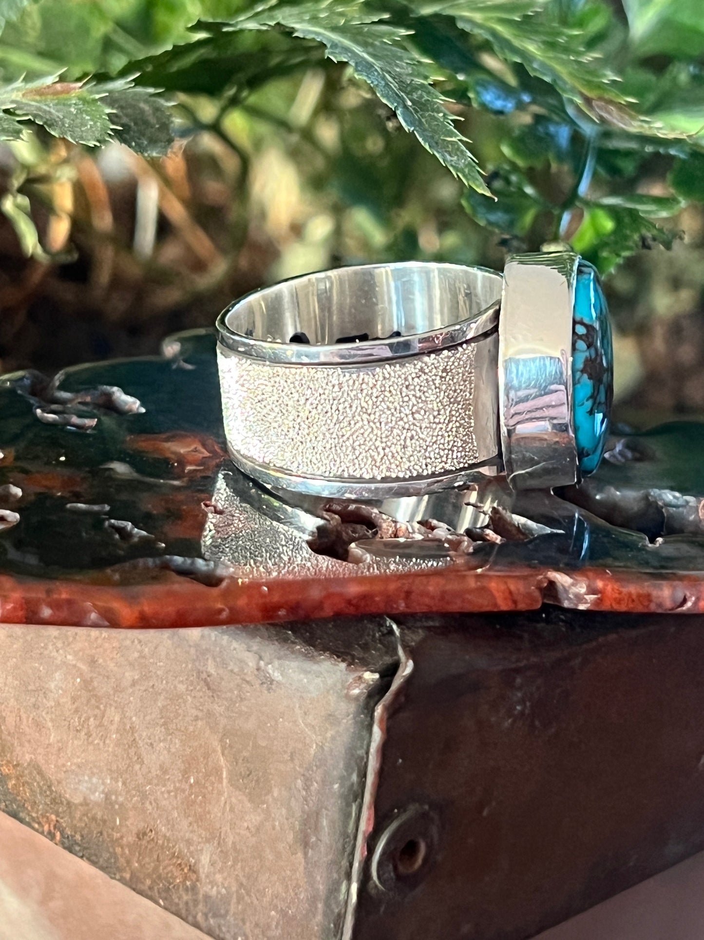 Native Made Sterling Silver Wide Shank Ring with Egyptian Turquoise by Shaun Rogers, Size 10.75