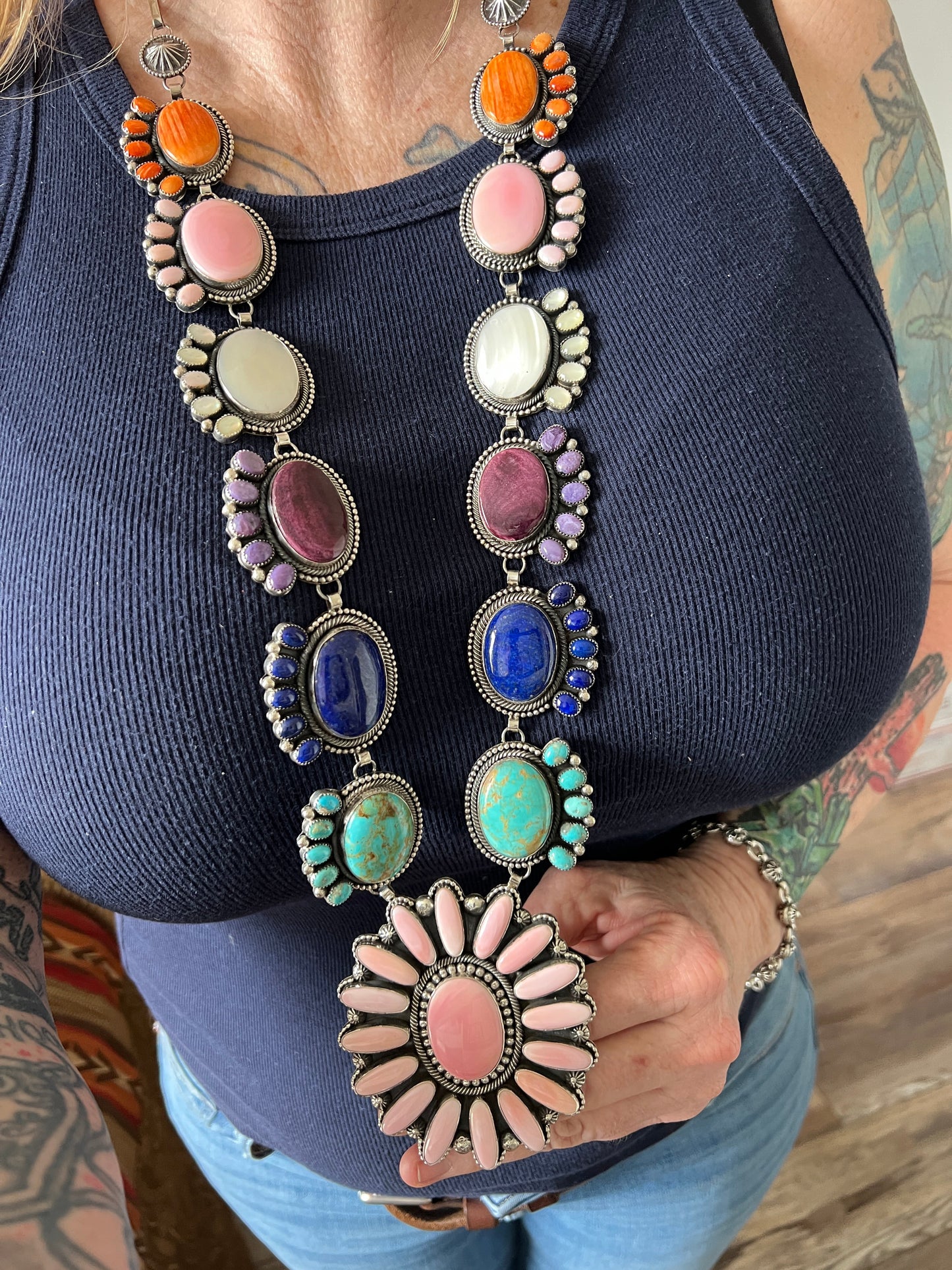 Tequila Sunrise Navajo Sterling Silver and Multi Stone Necklace by Hemerson Brown