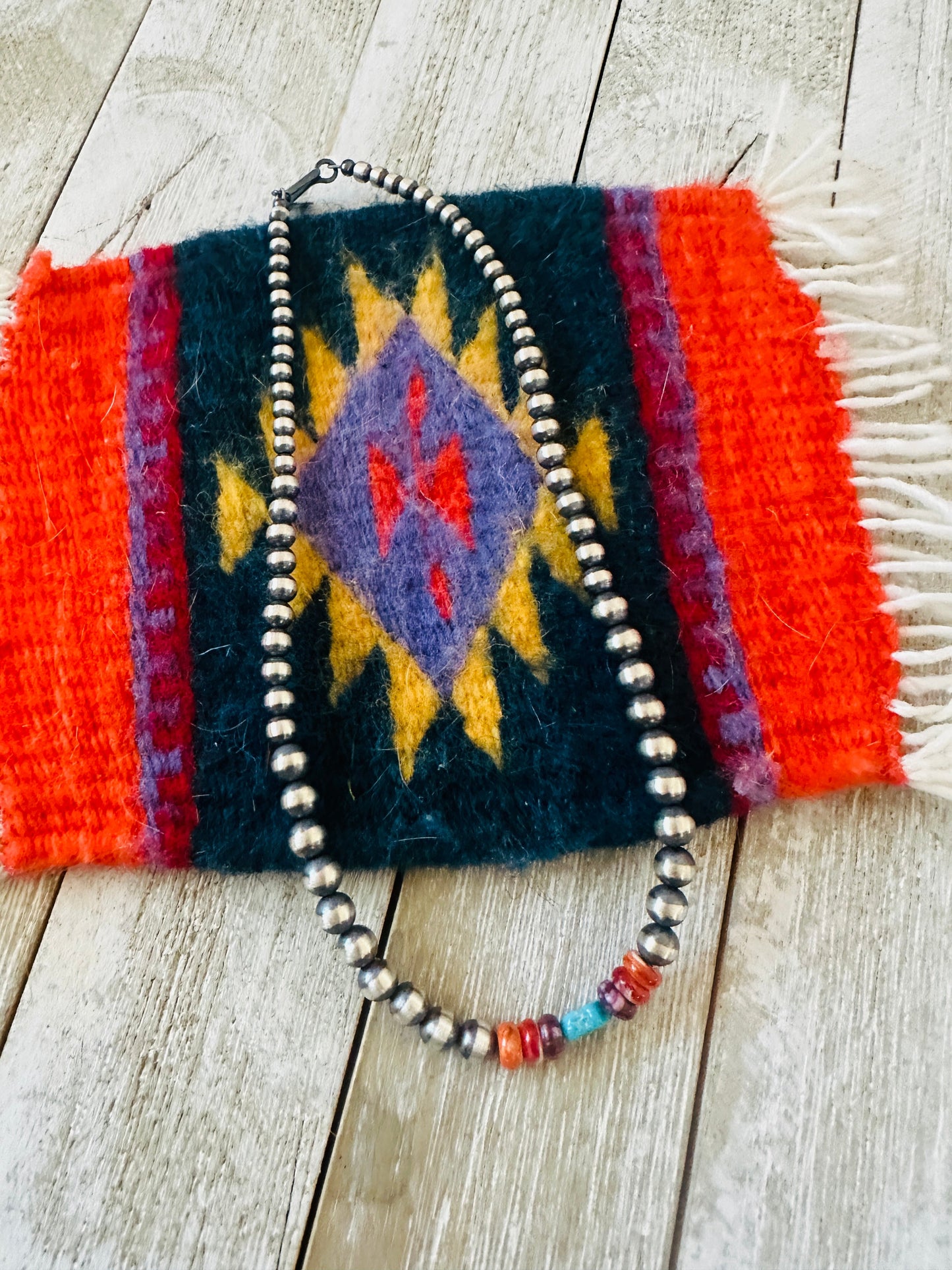 Navajo Sterling Silver, Spiny & Turquoise Beaded 14” Necklace