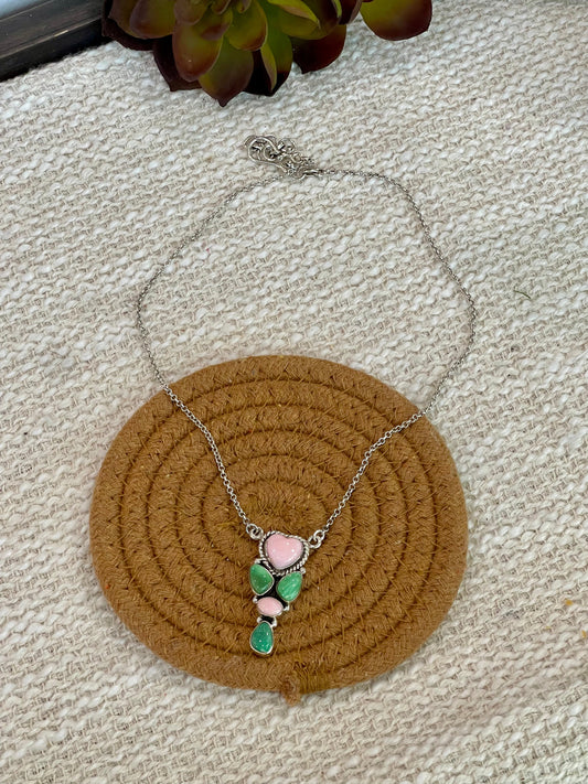 Handmade Pink Opal, Palomino Turquoise& Sterling Silver Necklace