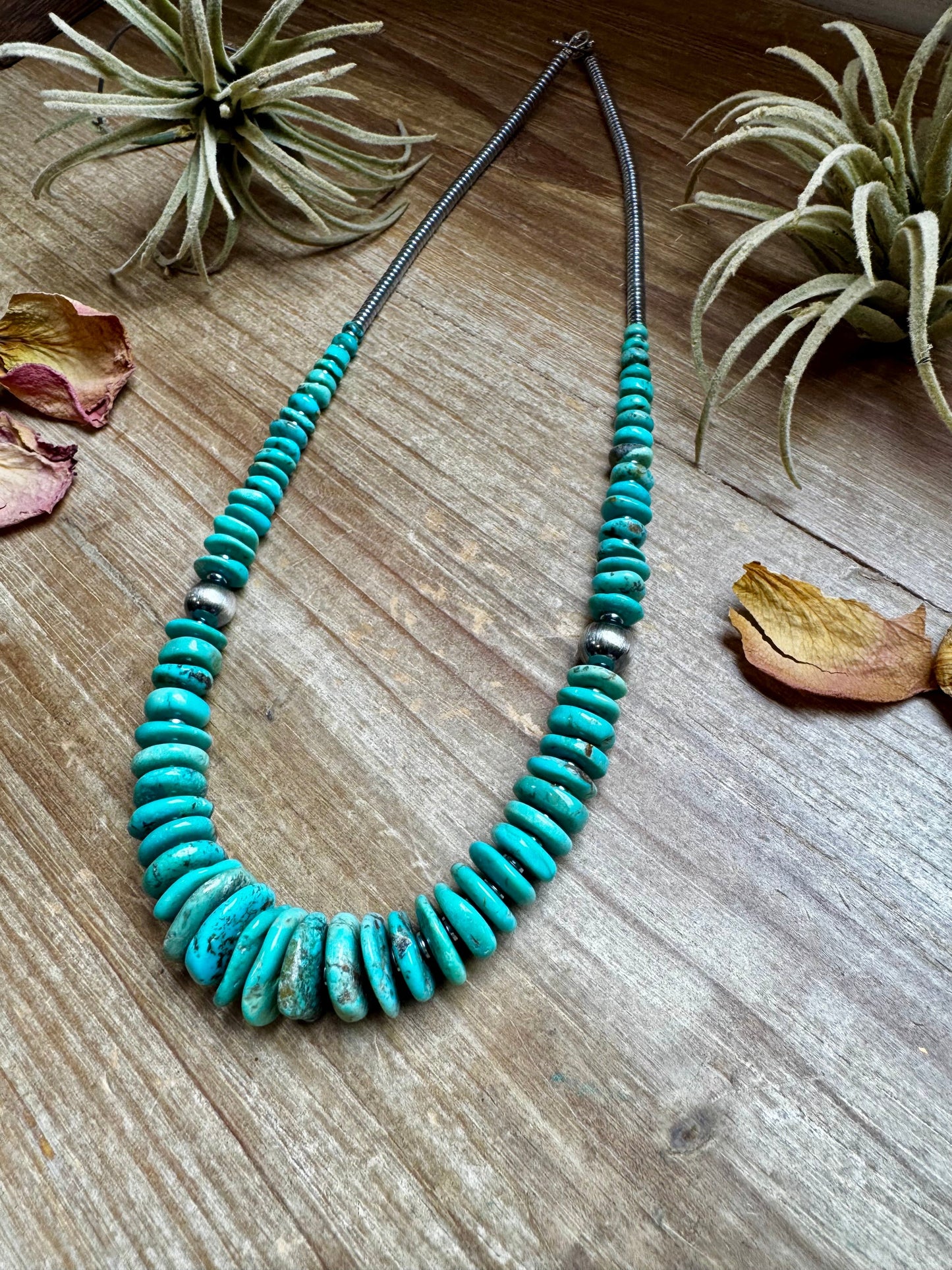 22 inch Graduated Green/Blue necklace with Sterling silver pearls