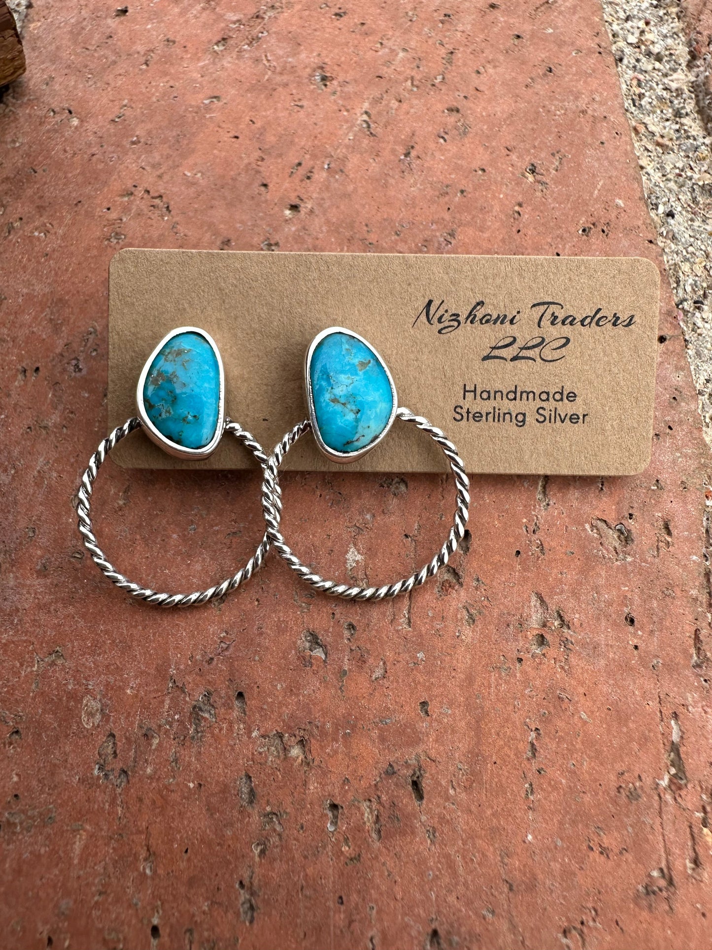 Handmade Kingman Turquoise & Sterling Silver Twisted Hoop Earrings