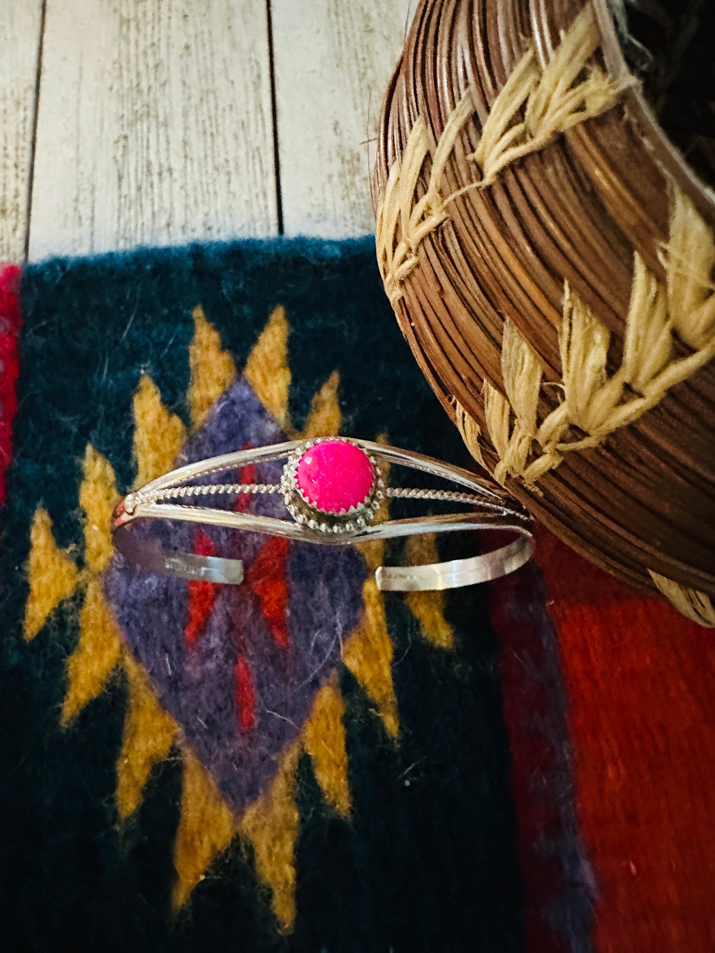 Navajo Sterling Silver & Hot Pink Opal Cuff Bracelet