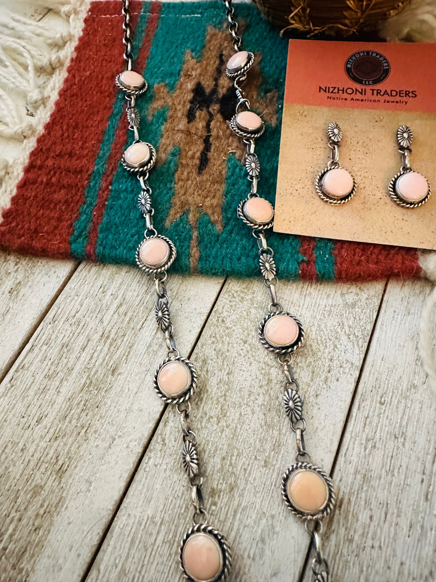 Navajo Queen Pink Conch & Sterling Silver Cluster Necklace Set