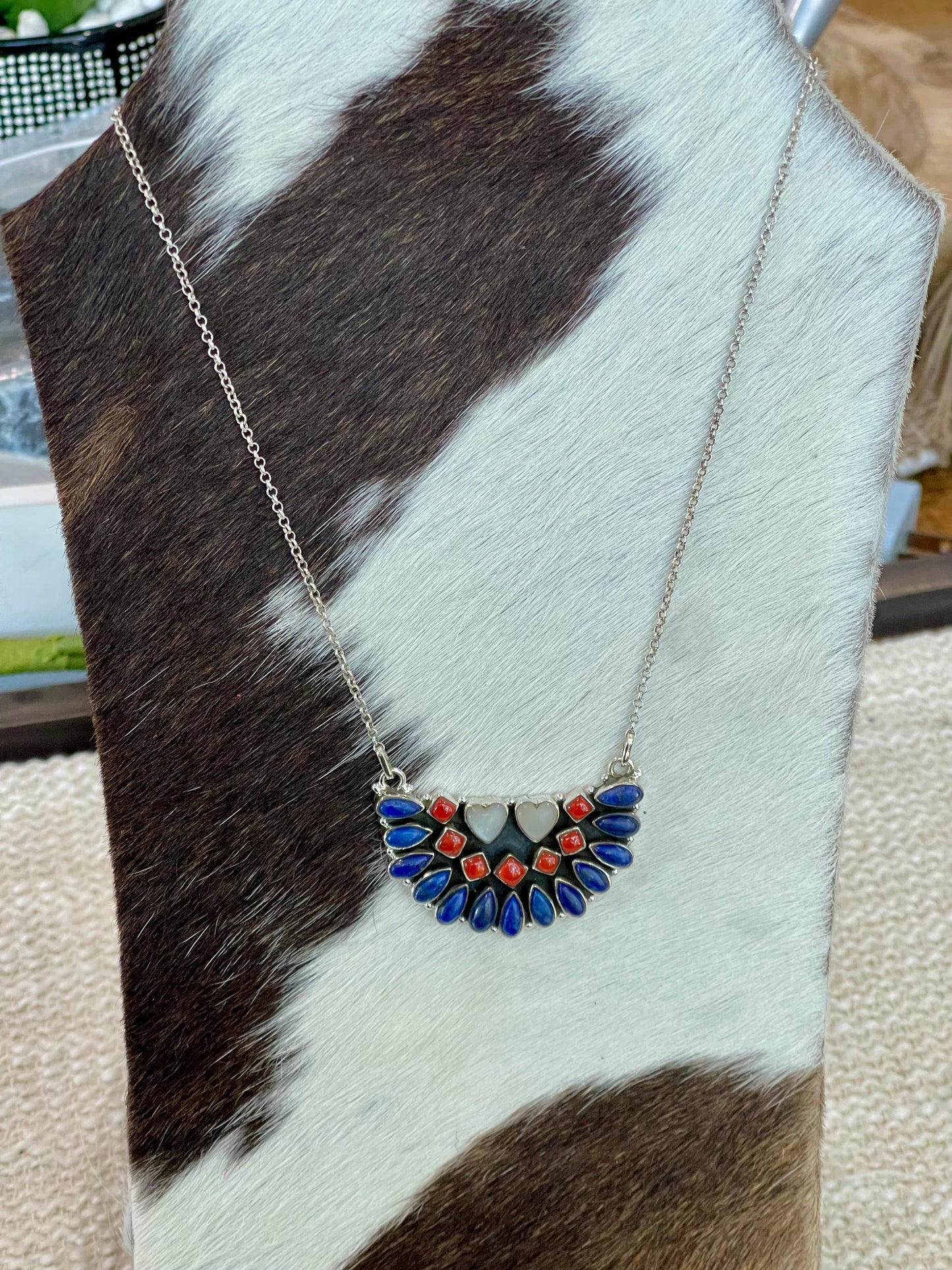 ** 4TH OF JULY ** Handmade Sterling Silver Synthetic Opal, Lapis & Coral Necklace with Signed Nizhoni