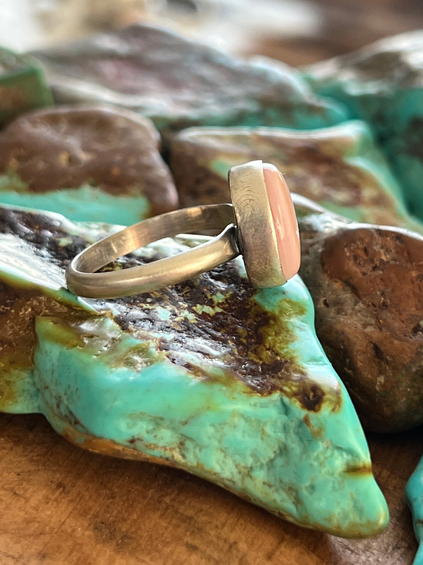 Navajo Made Sterling Silver and Oval Pink Conch Stacker Ring, Single Shank