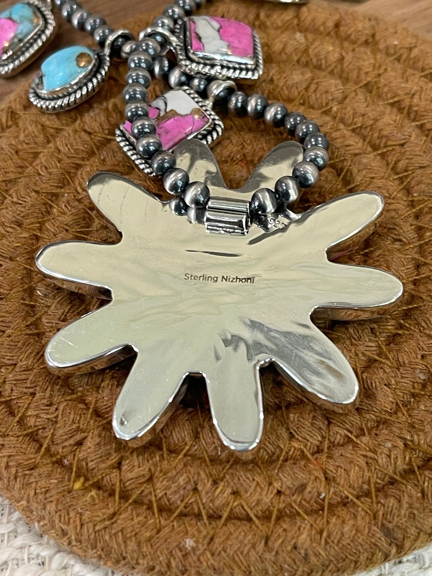 Handmade Sterling Silver Cotton Candy Turquoise Necklace with Signed Nizhoni