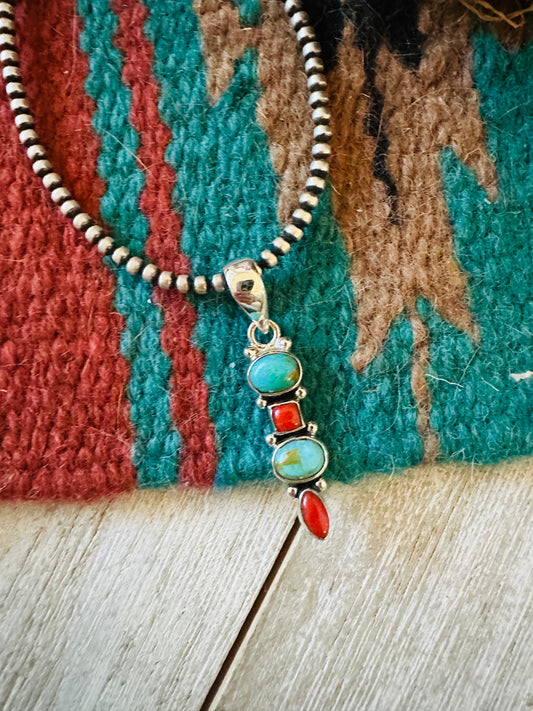 ** Christmas Collection ** Handmade Sterling Silver, Coral & Turquoise Pendant Signed Nizhoni