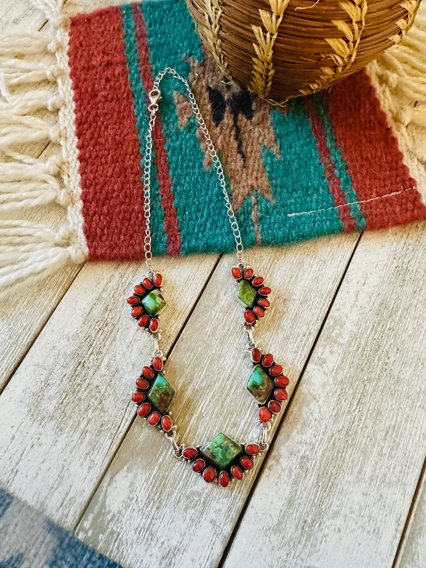 ** Christmas Collection ** Handmade Sterling Silver, Turquoise & Coral Necklace Signed Nizhoni