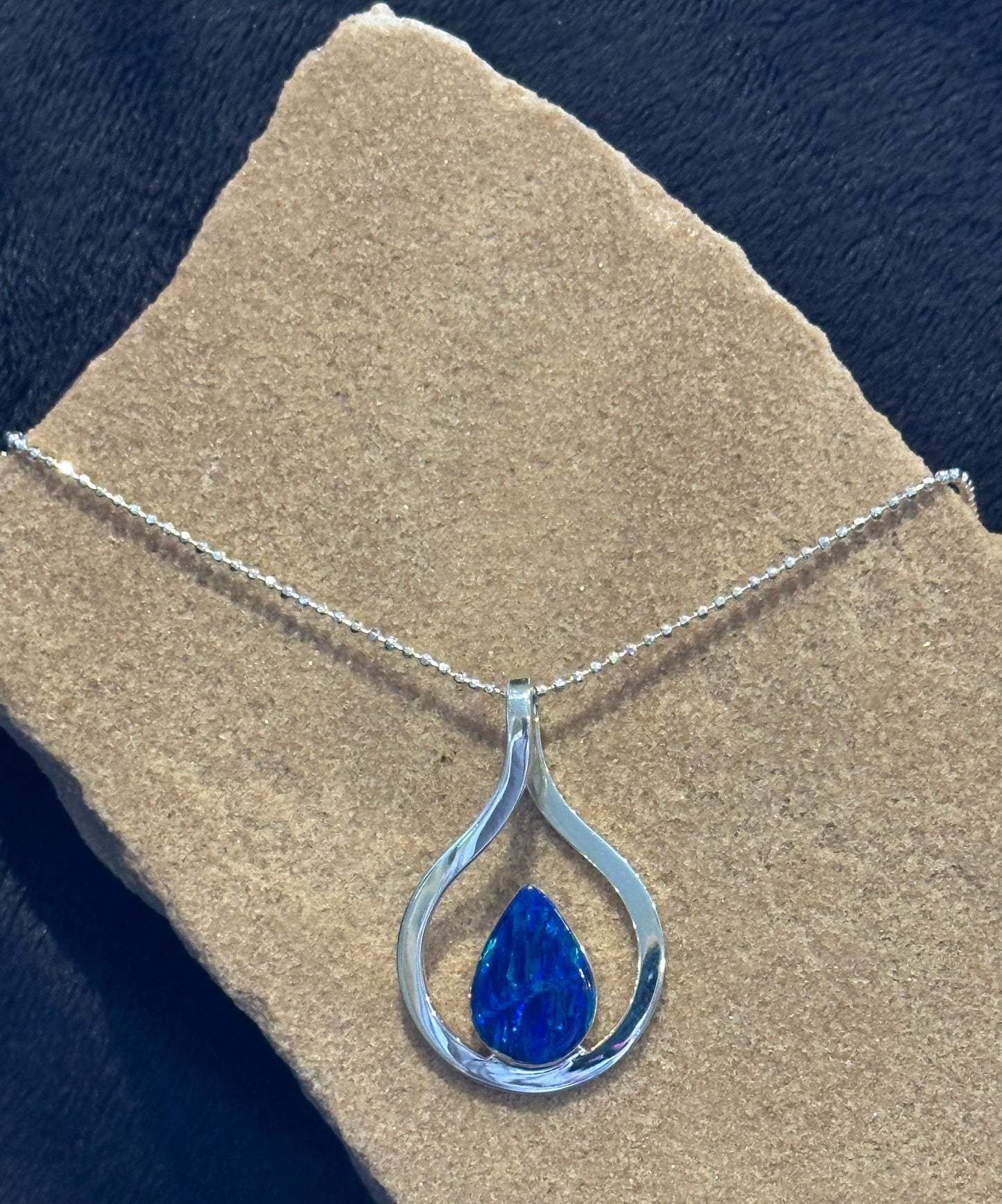 Dark Blue Opal Teardrop in Silver Frame Necklace