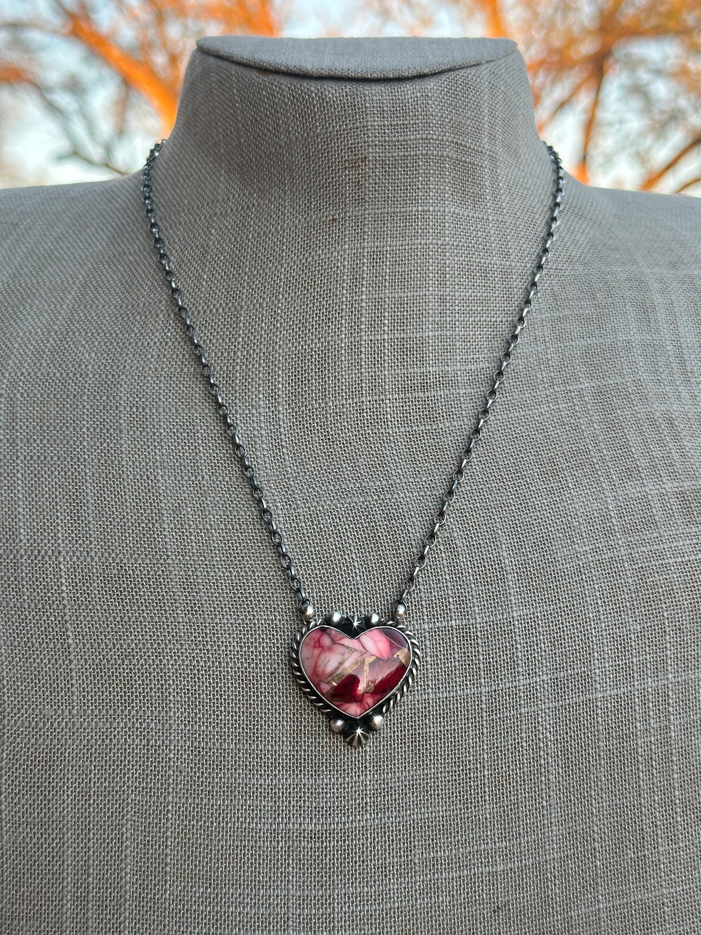 Navajo Rose Dahlia & Sterling Silver Heart Necklace