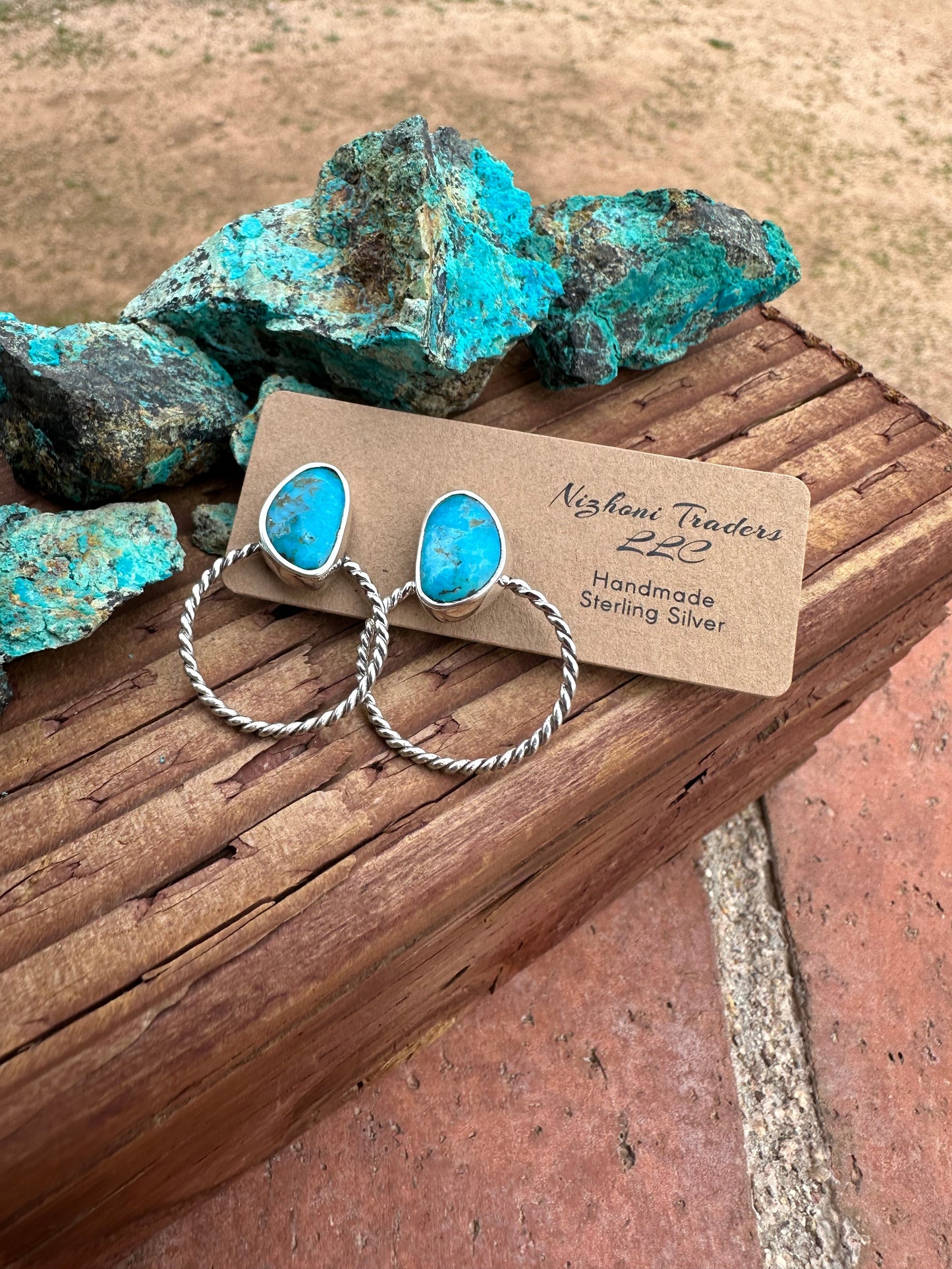 Handmade Kingman Turquoise & Sterling Silver Twisted Hoop Earrings