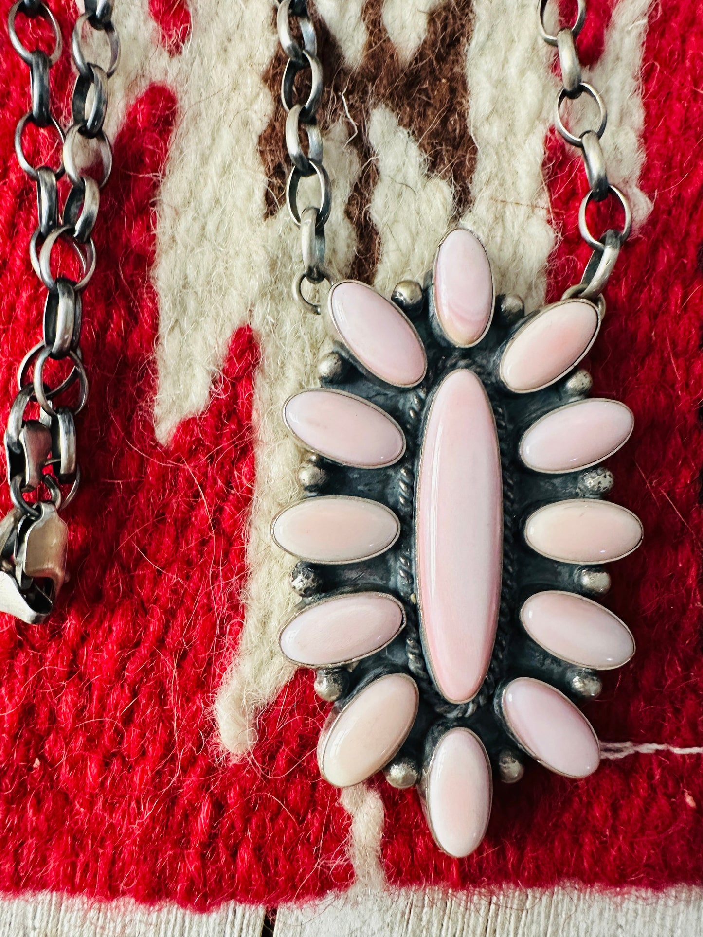 Navajo Sterling Silver & Queen Pink Conch Cluster Necklace