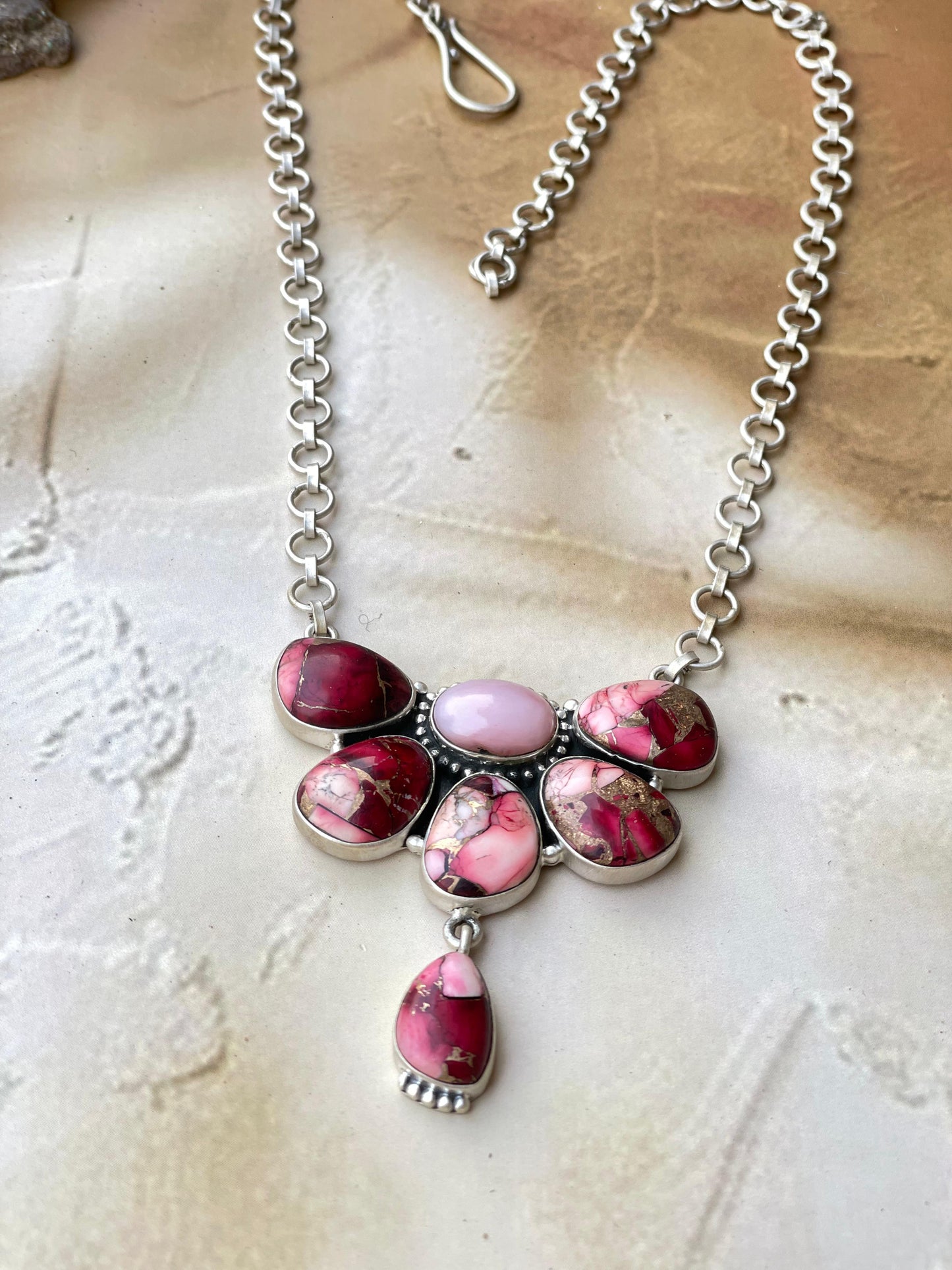 Beautiful Handmade Sterling Silver Dahlia Rose Pink Opal Crescent Necklace