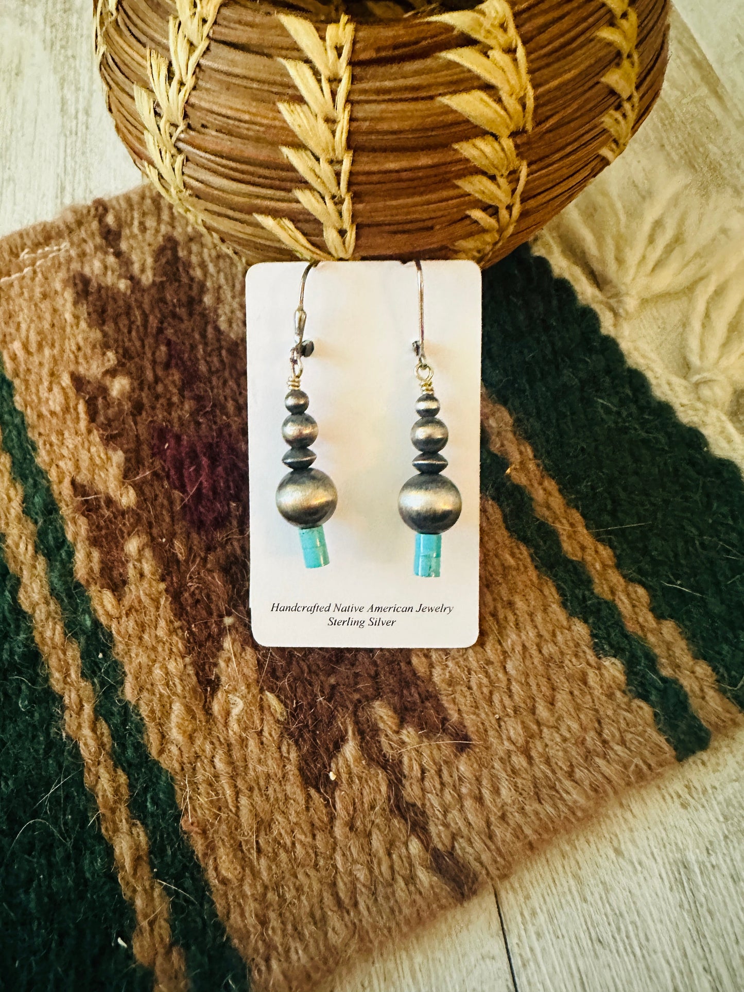 Navajo Turquoise & Sterling Silver Beaded Dangle Earrings