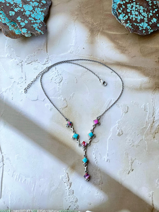 Handmade Sterling Silver, Turquoise & Pink Dream Mojave Drop Necklace