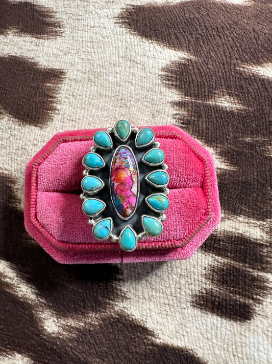 Beautiful Handmade Turquoise, Pink Dream Mojave And Sterling Silver Adjustable Ring Single Center Stone