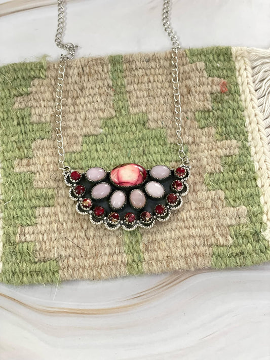 Handmade Sterling Silver  ROSE DAHLIA, PINK OPAL Necklace