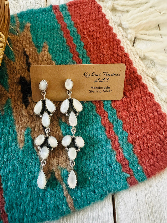 ** Christmas Collection ** Handmade Sterling Silver & Mother of Pearl Dangle Earrings Signed Nizhoni