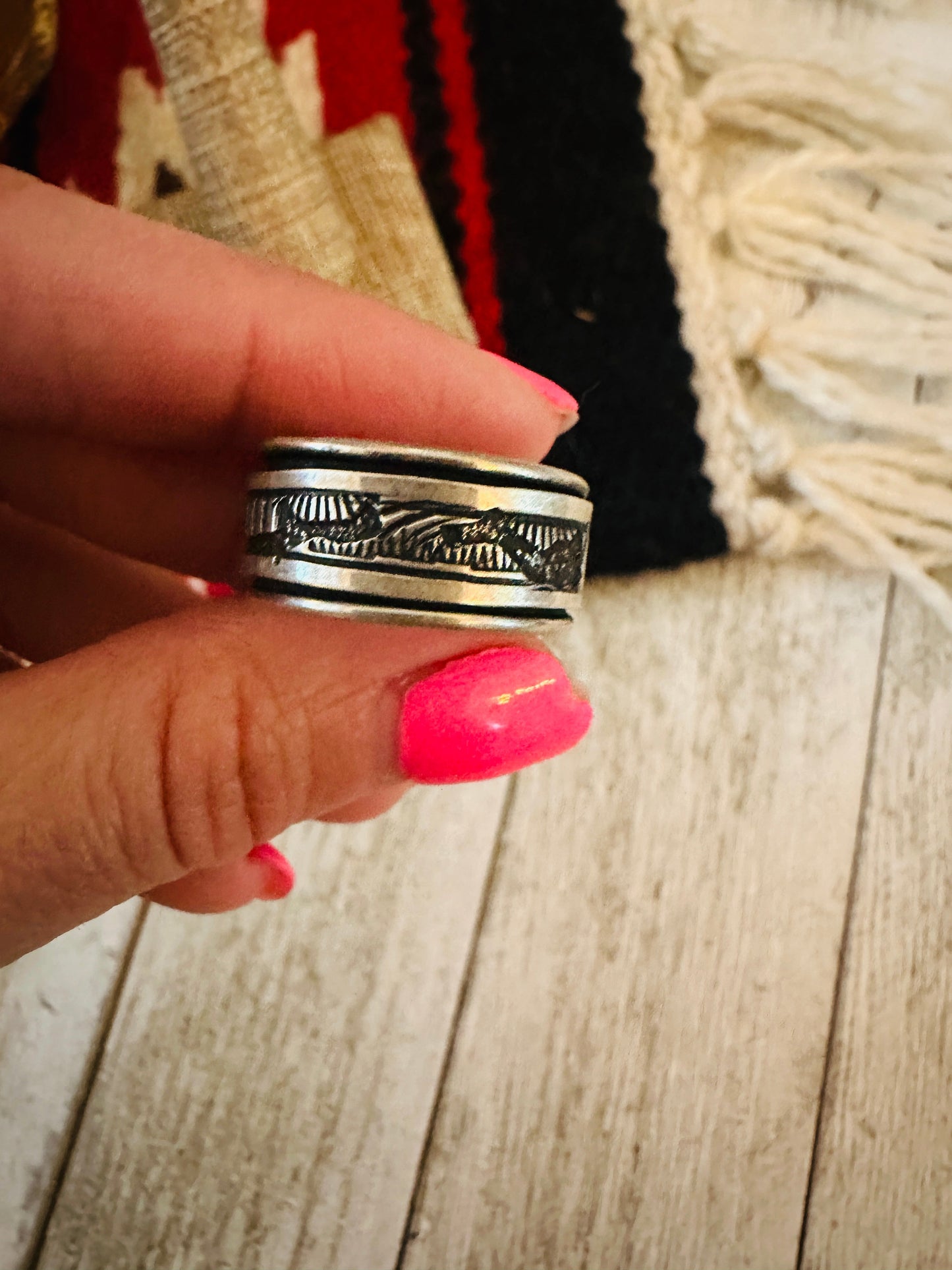 Navajo Hand Stamped Sterling Silver Storyteller Ring Size 8