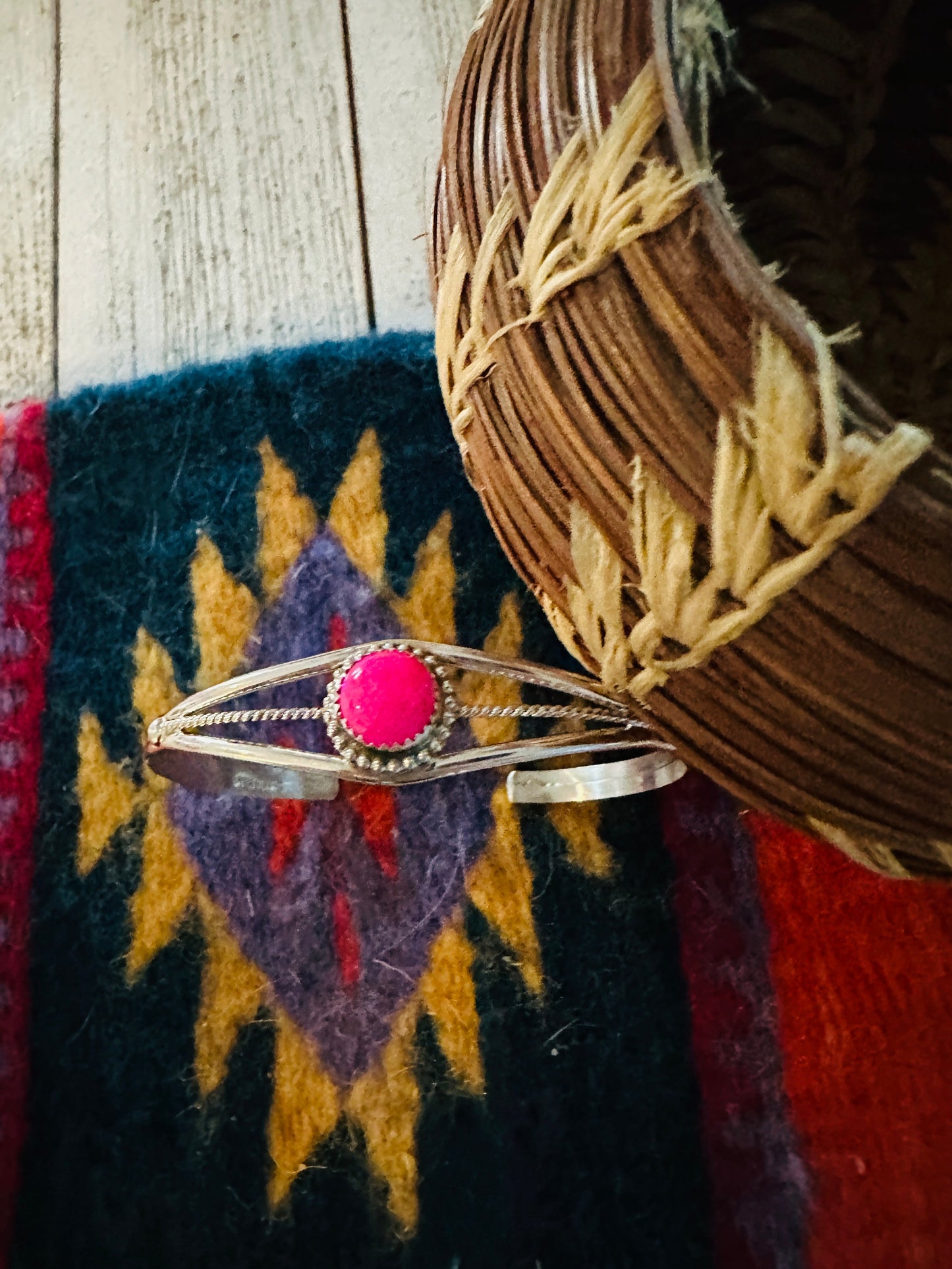 Navajo Sterling Silver & Hot Pink Opal Cuff Bracelet