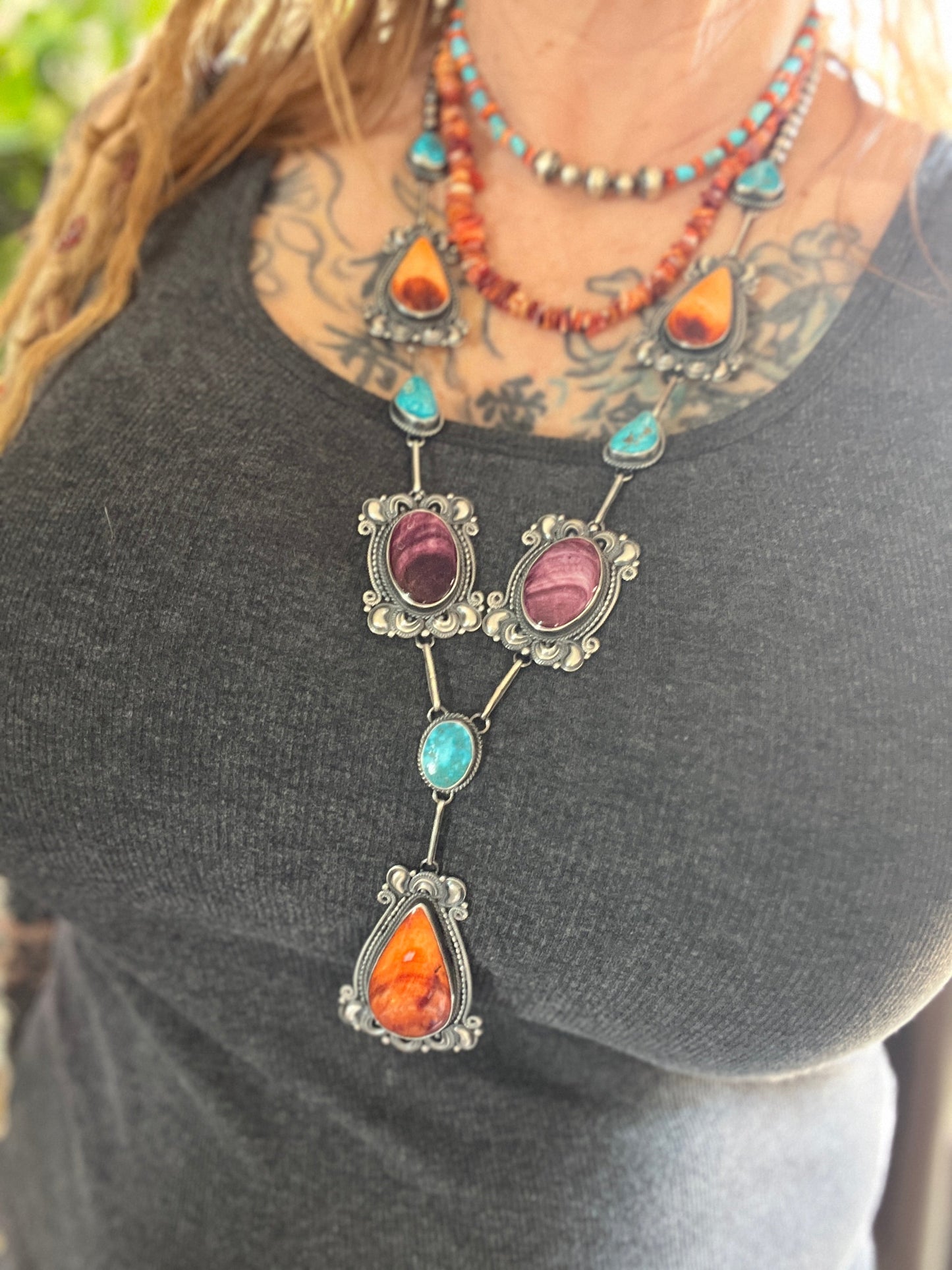 Navajo Sterling Silver, Spiny Oyster and Turquoise Link and Bead Necklace and Earrings Set by Derrick Gordon