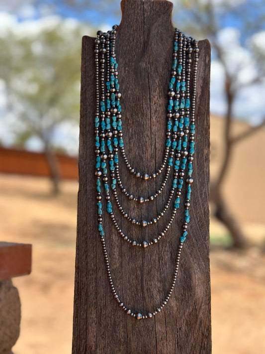 Navajo Kingman Turquoise & Sterling Silver 3mm-8mm Beaded Necklace