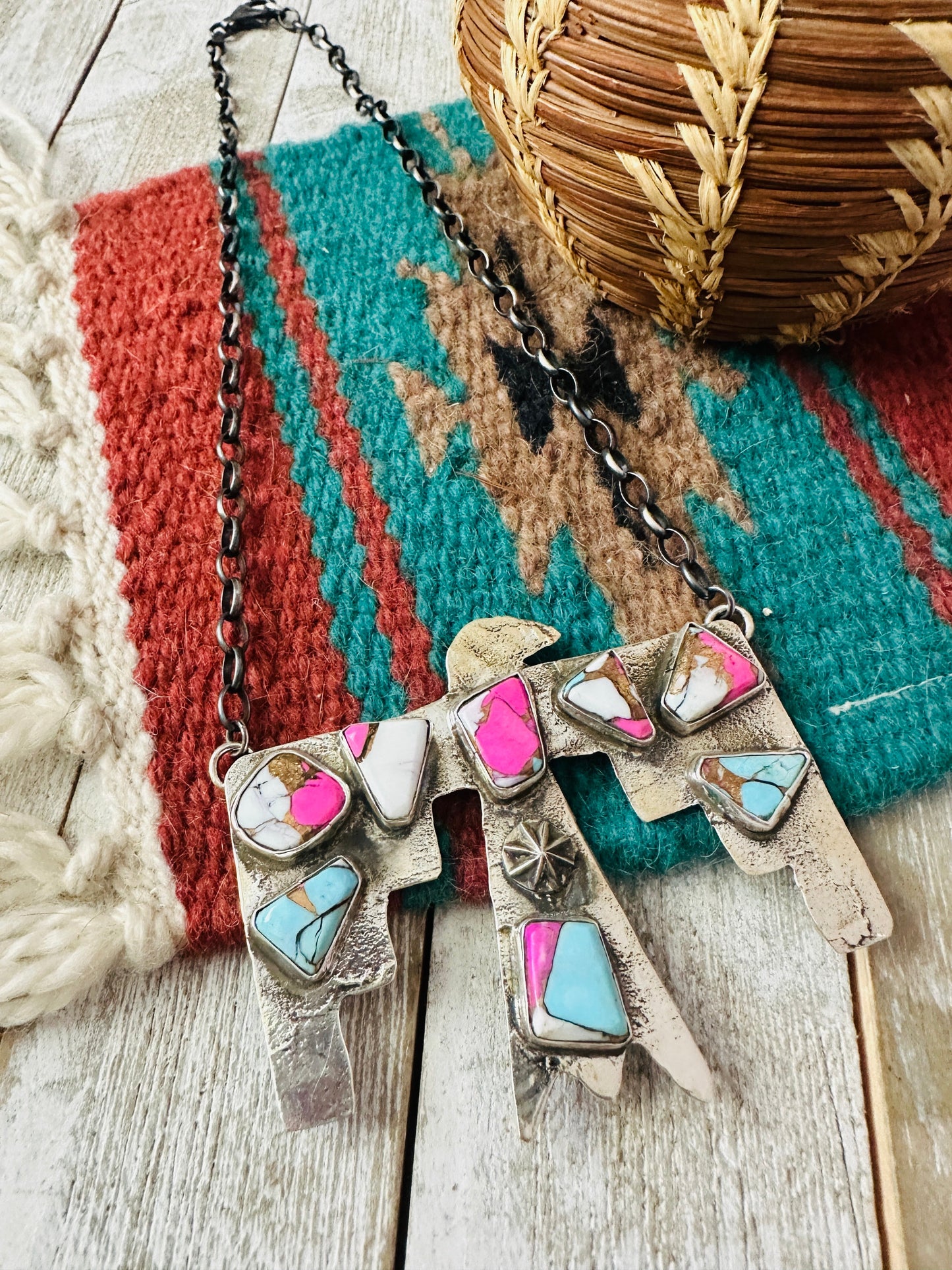 Zuni Sterling Silver & Cotton Candy Thunderbird Necklace by Jude Candelaria