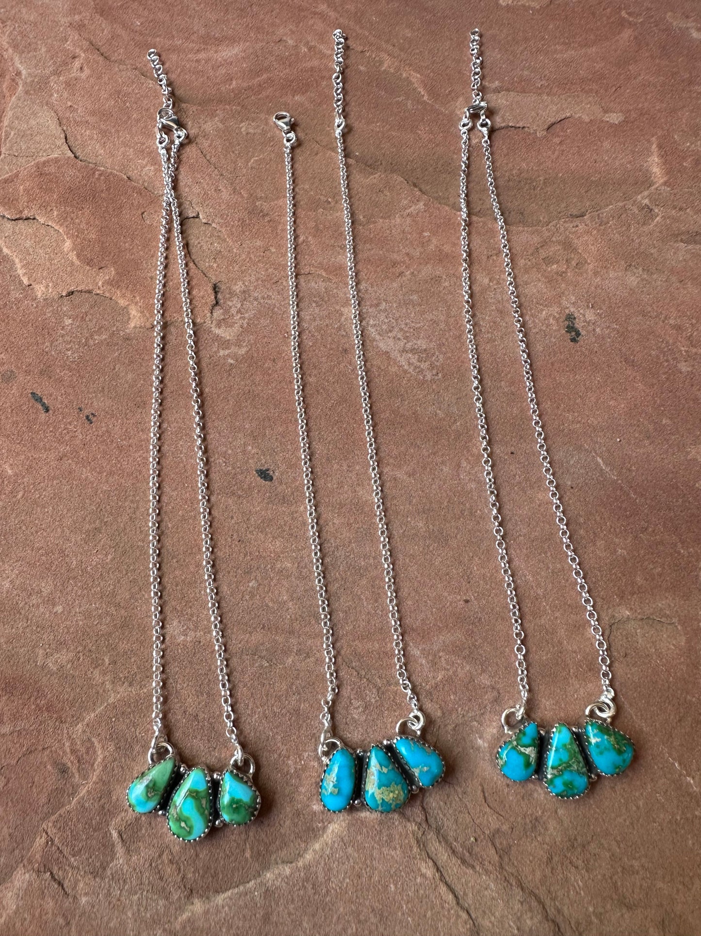 Beautiful Handmade Sterling Silver & Sonoran Turquoise 3 Stone Necklace