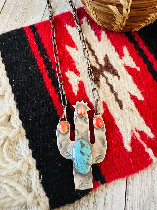 Navajo Sterling Silver, Turquoise & Spiny Cactus Necklace