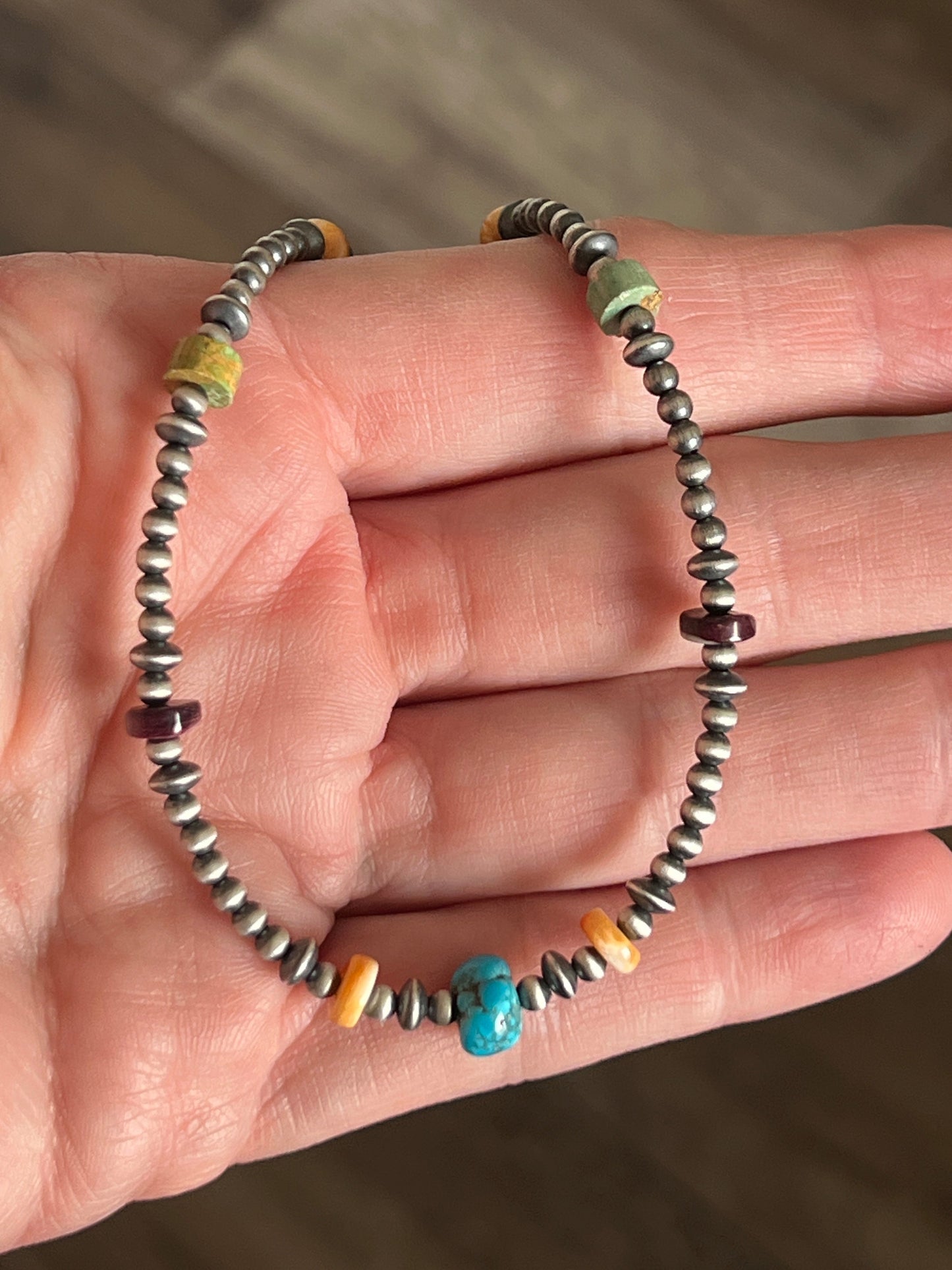 Summer Lovin’ Navajo Beaded Layering Necklace with Sterling Silver, Spiny Oyster Shell and Turquoise, 14 + 2”, The Color Drop