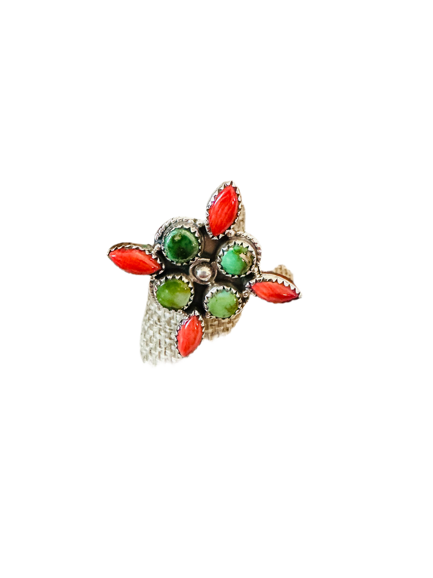 ** Christmas Collection ** Handmade Sterling Silver, Turquoise & Coral Adjustable Ring Signed Nizhoni