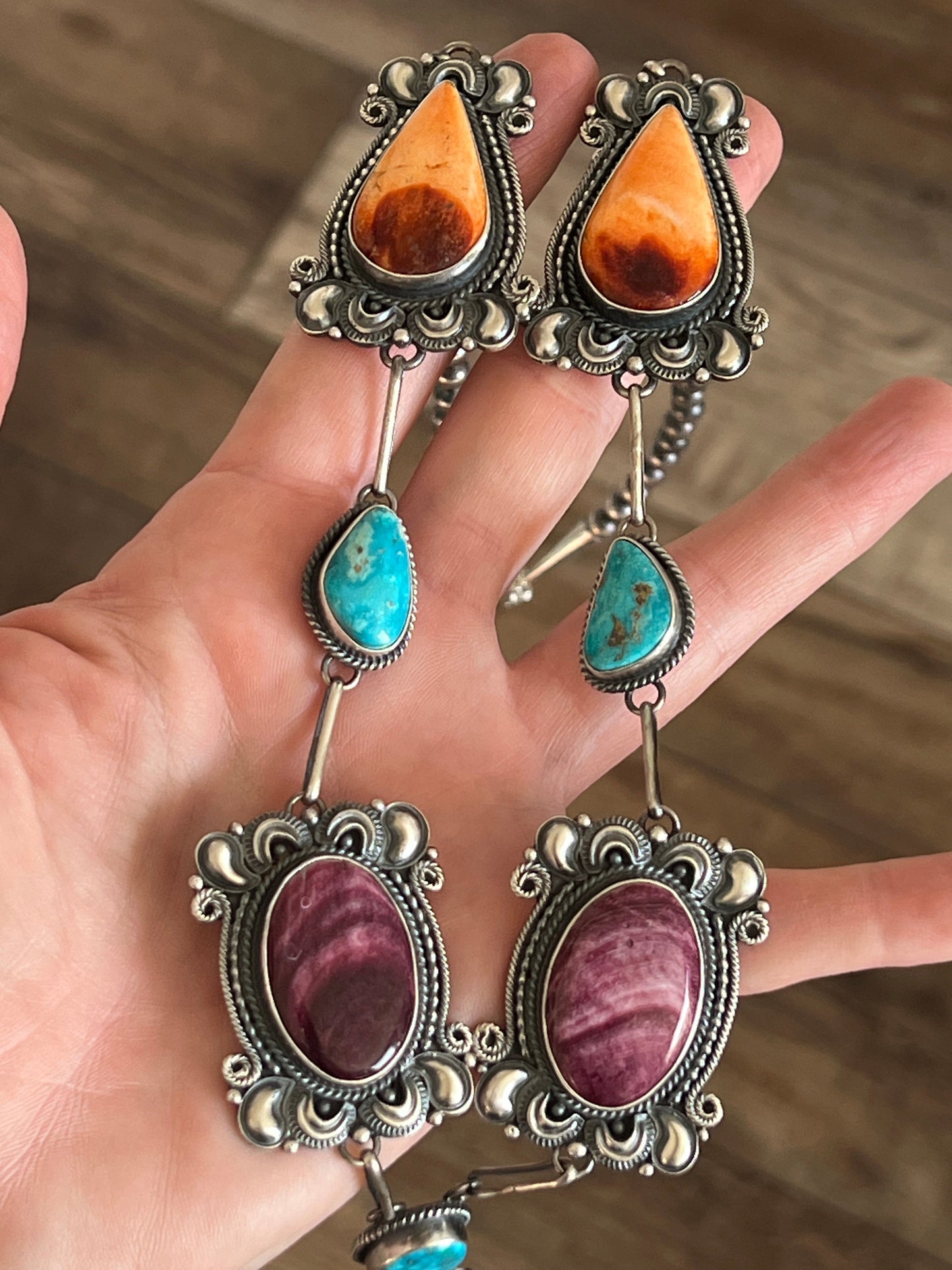 Navajo Sterling Silver, Spiny Oyster and Turquoise Link and Bead Necklace and Earrings Set by Derrick Gordon