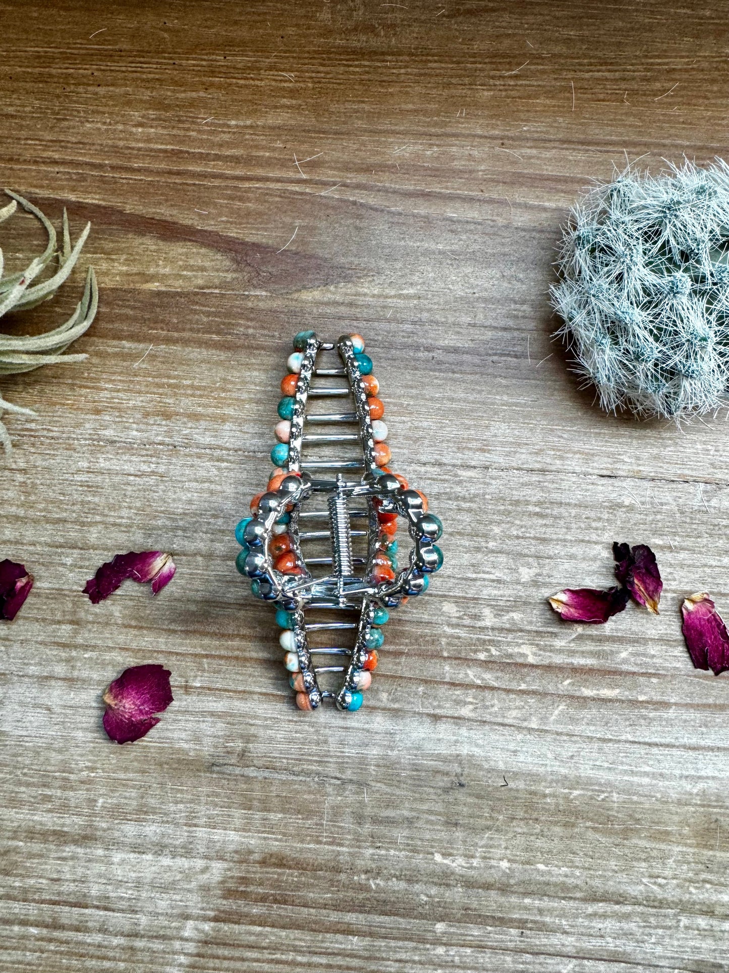 Orange and turquoise magnesite bead hair clips