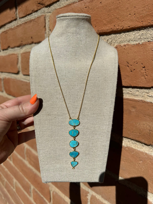 “The Golden Collection” Natural Turquoise 5 Stone Lariat Handmade Gold Plated Necklace