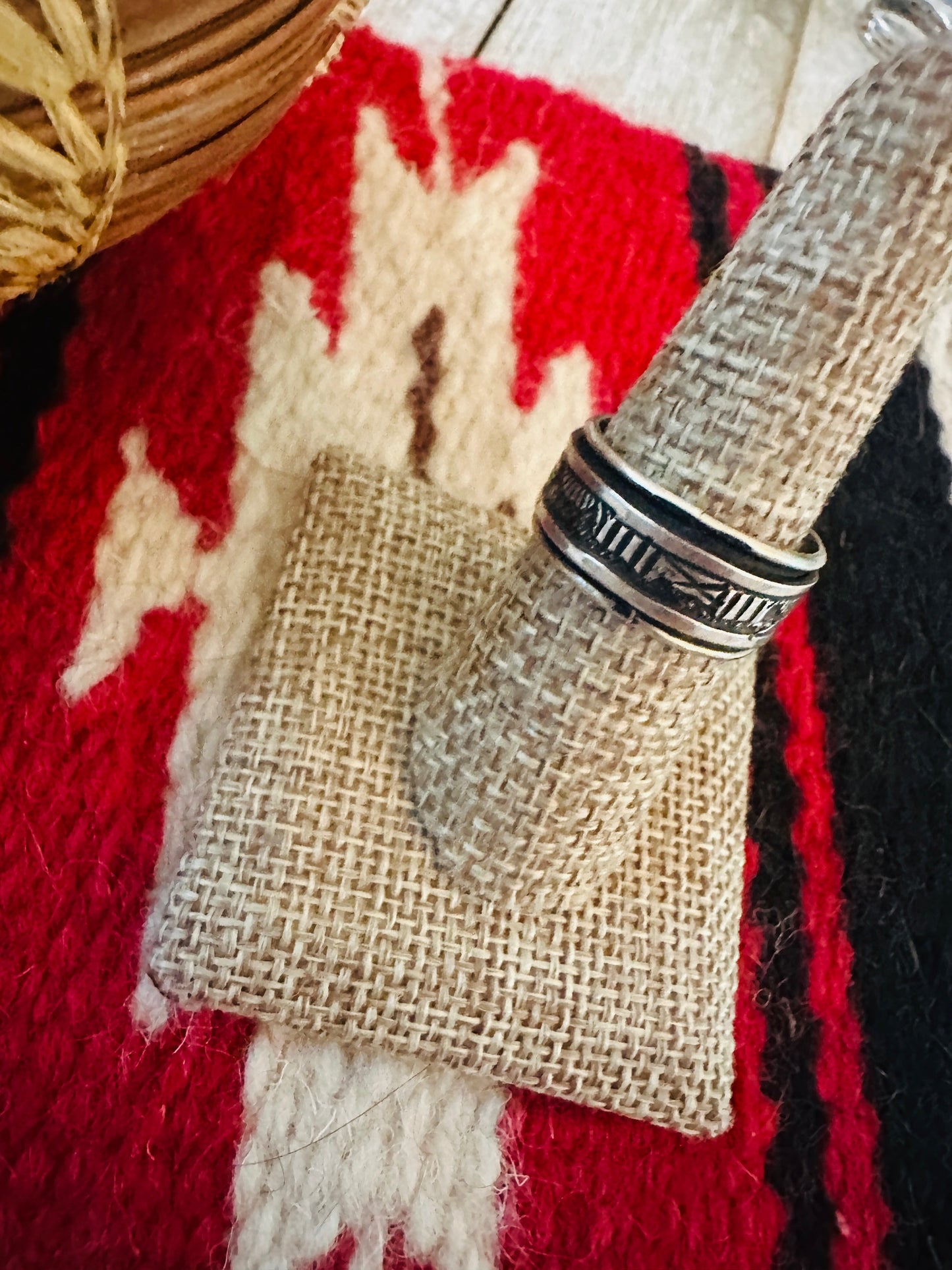 Navajo Hand Stamped Sterling Silver Storyteller Ring Size 8