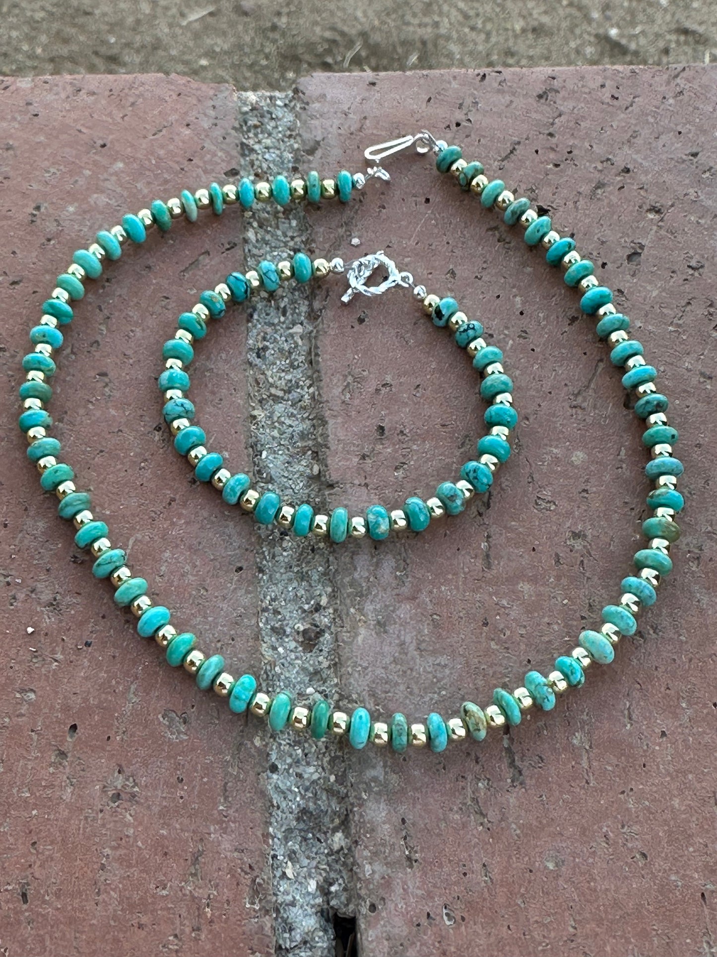 Gilded Sky Navajo Turquoise, Gold & Sterling Silver Beaded Necklace and Bracelets