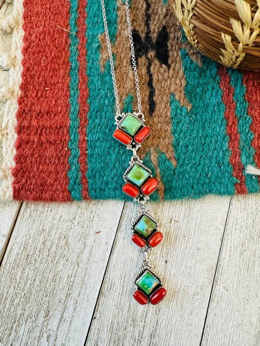 ** Christmas Collection ** Handmade Sterling Silver, Turquoise & Coral Necklace Signed Nizhoni