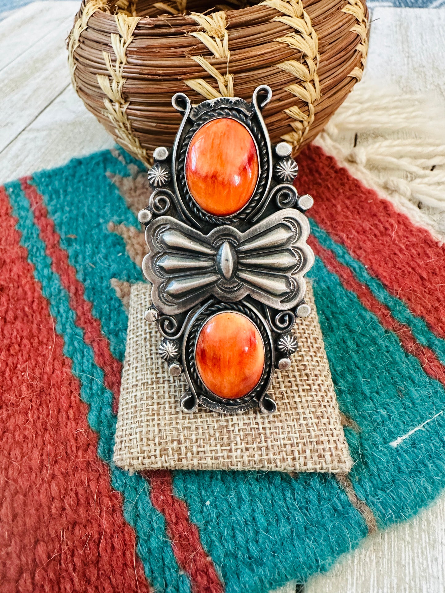 Apache Orange Spiny Oyster & Sterling Silver Ring by Rosella Paxson, Size 9
