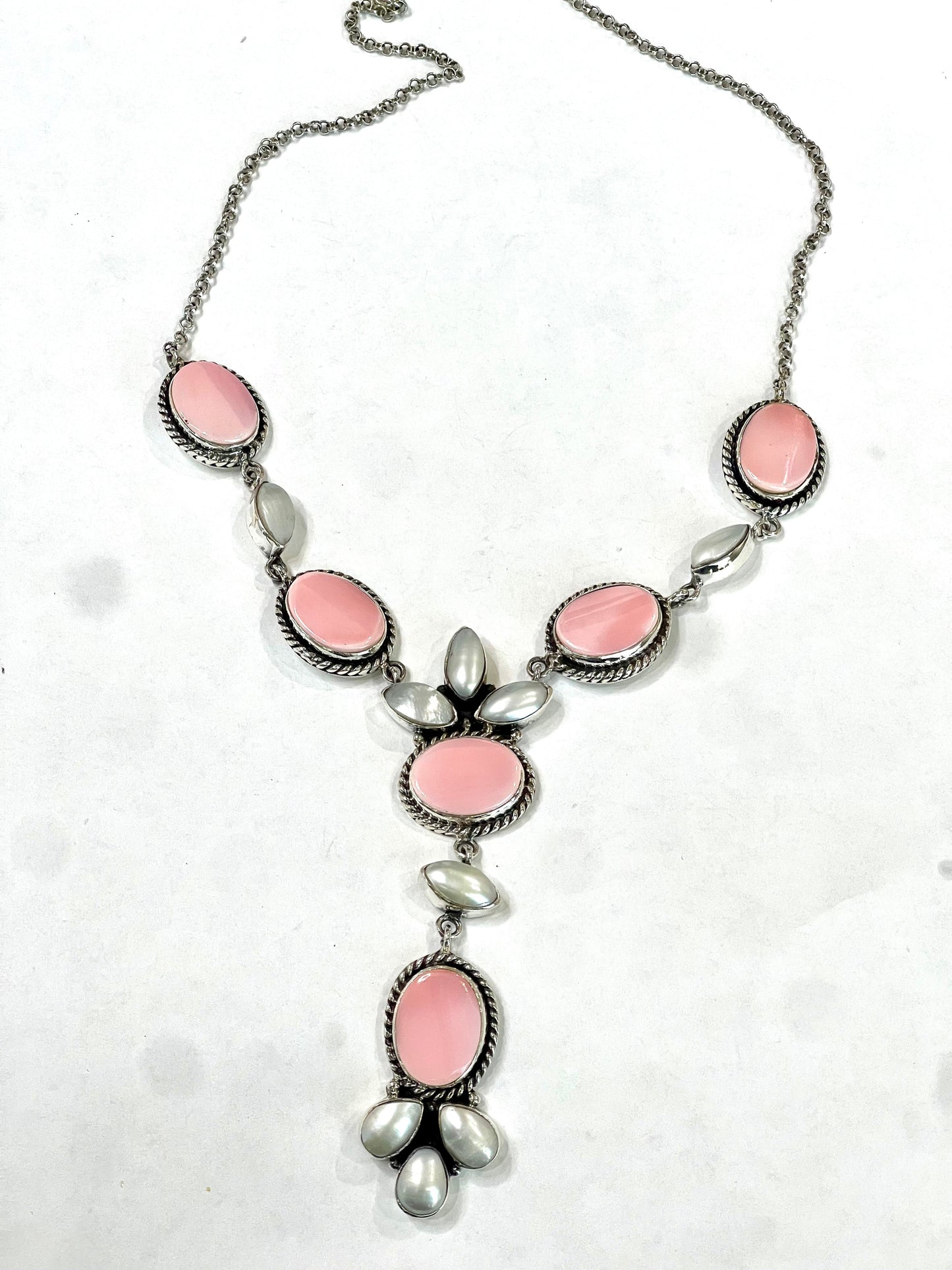 Handmade Sterling Silver, Pink Conch & Pearl Lariat Necklace
