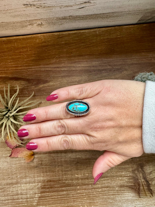 Long Ring- size 8- Kingman turquoise ring and sterling silver
