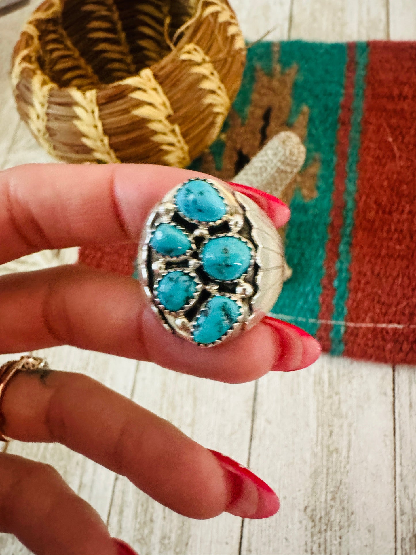 Old Pawn Navajo Sterling Silver & Turquoise Cluster Ring