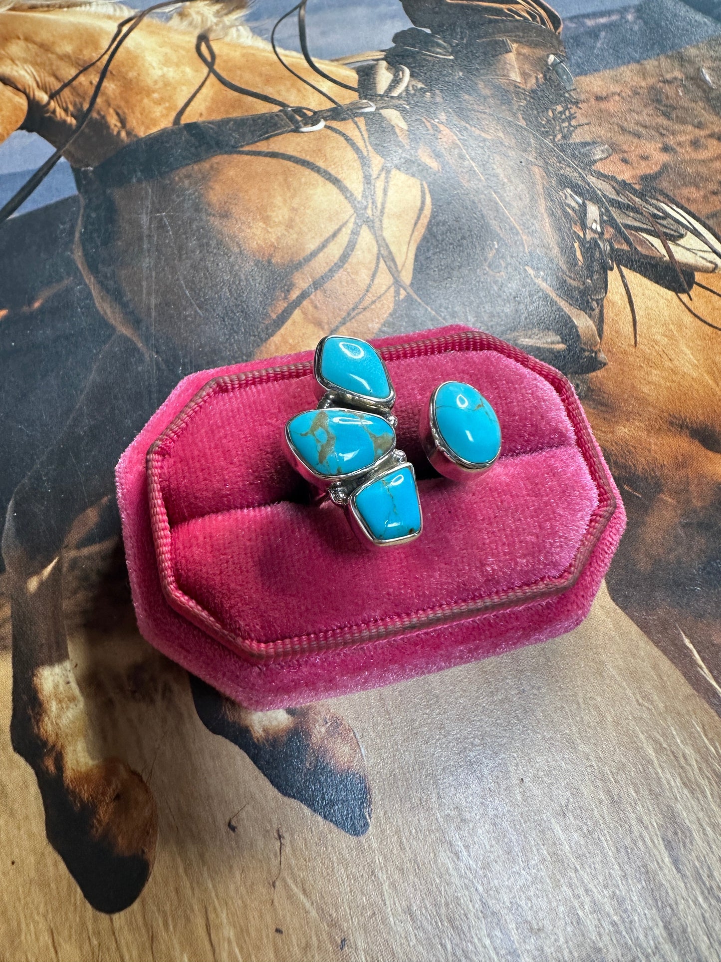 Handmade Turquoise & Sterling Adjustable Crescent Floating Stone Ring