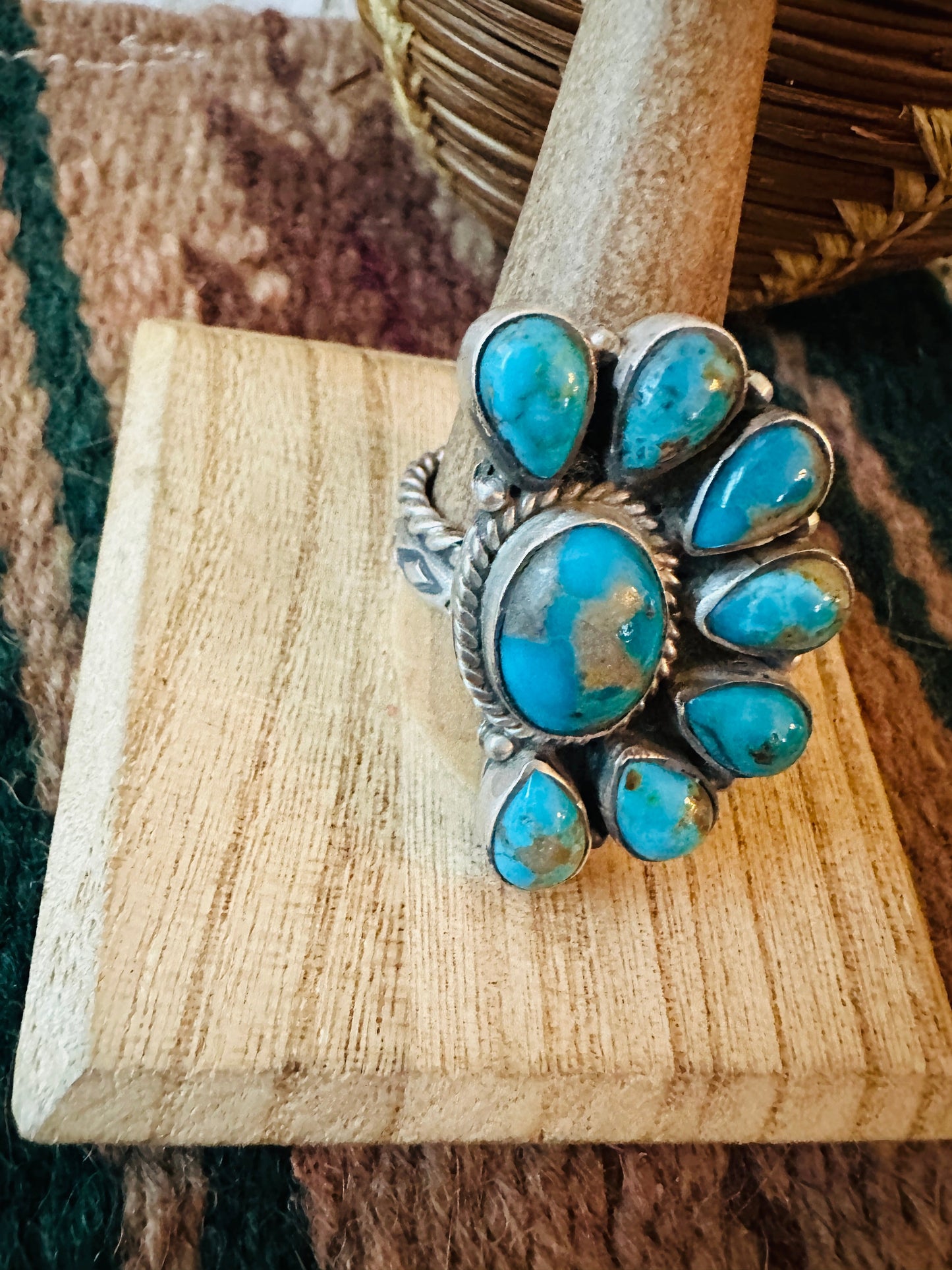 Navajo Turquoise & Sterling Silver Cluster Adjustable Ring