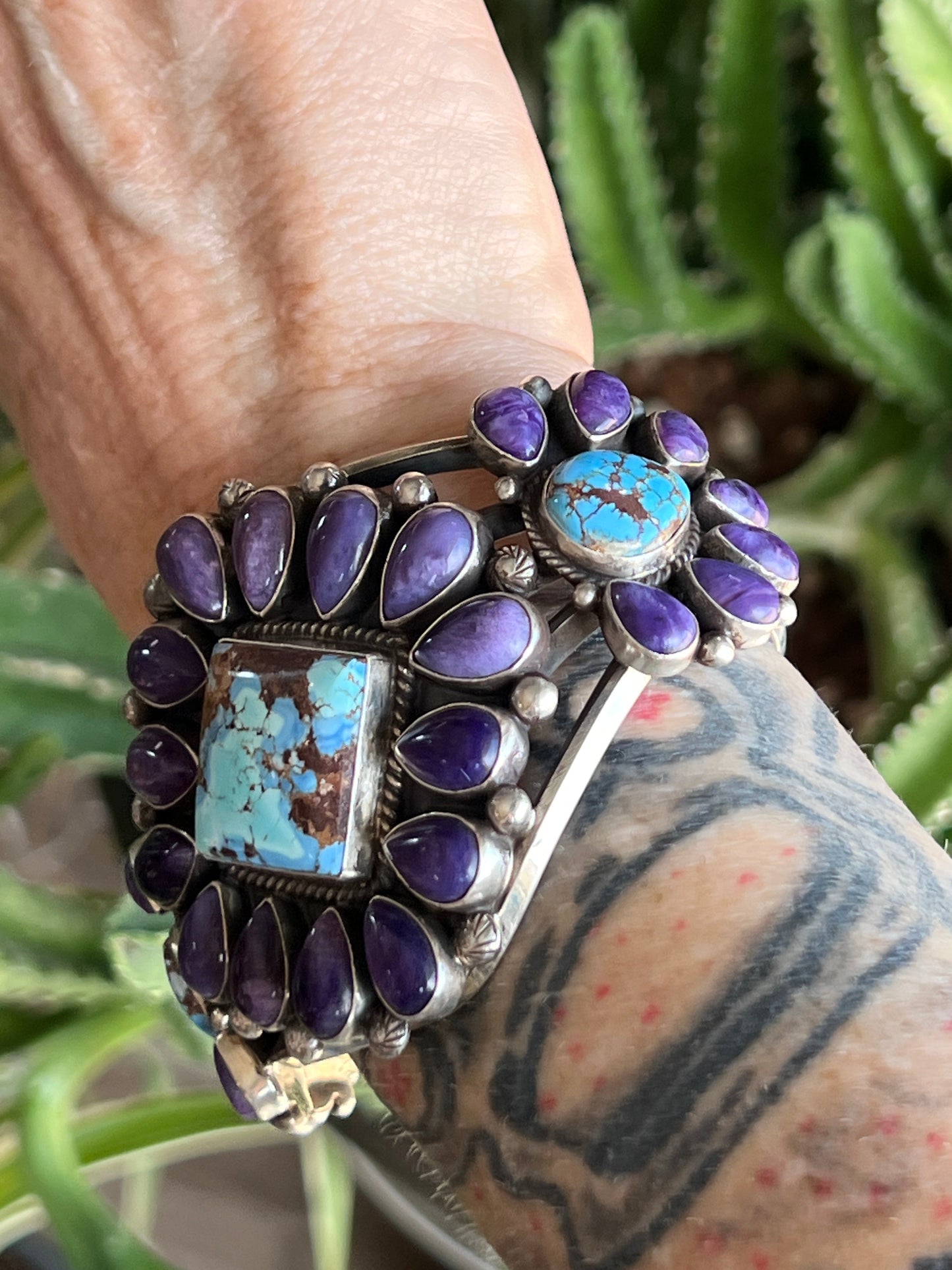 Navajo Sterling Silver, Charoite and Golden Hills Turquoise Cluster Cuff Bracelet by Tyler Brown
