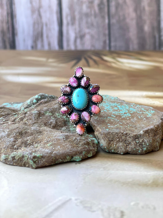 Handmade Sterling Silver, Pink Dream & Turquoise Cluster Adjustable Ring